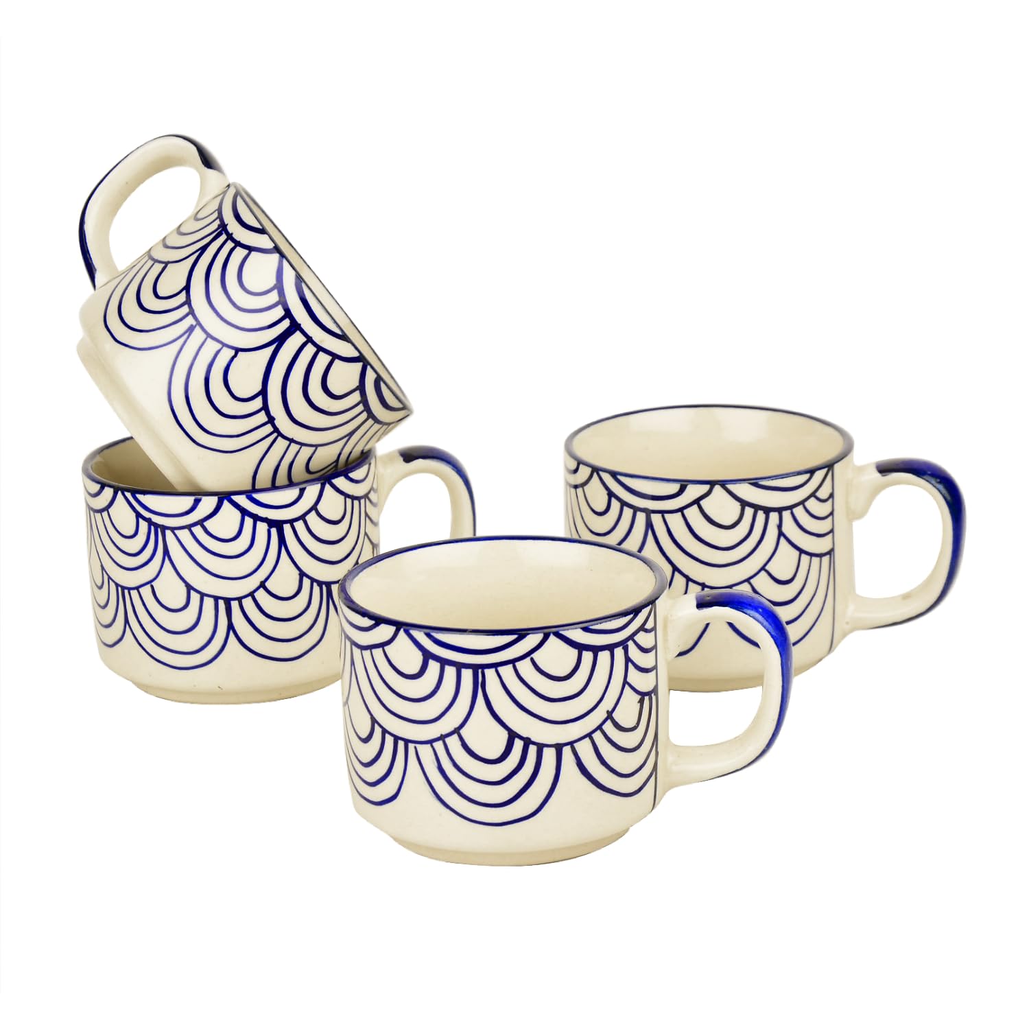 Hand Painted Blue Spiral Ceramic Cups Set Of 4 - Blue, 150ml Each | Microwave & Dishwasher Safe Tea Cups & Mugs - Cups For Chai, Coffee, Cappuccino, Milk, Latte, Hot & Cold Drinks Hand Painted Blue Spiral Ceramic Cups Set Of 4 - Blue, 150ml Each | Microwave & Dishwasher Safe Tea Cups & Mugs - Cups For Chai, Coffee, Cappuccino, Milk, Latte, Hot & Cold Drinks