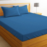 Double Bedsheets With 2 King Size Pillow Covers - King Size 90 x 100 Inches - Blue | All Around Elastic 210 TC Super Soft Striped Pattern Breathable
