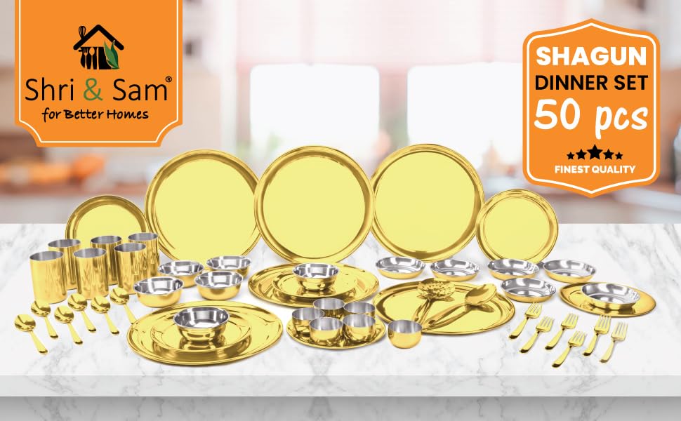 Stainless Steel Shagun Solid Dinner Set, 50 Pcs Set Gold | Easy To Wash - Dishwasher Safe Stainless Steel Shagun Solid Dinner Set, 50 Pcs Set Gold | Easy To Wash - Dishwasher Safe