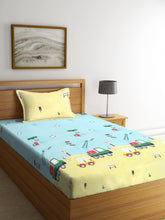 Cartoon Printed Single Bedsheet For Kids With One Pillow Cover - 60 X 90 Inches, Yellow & Sky Blue | 300 Thread Count - Wrinkle Free Soft Perfect For Everyday Use