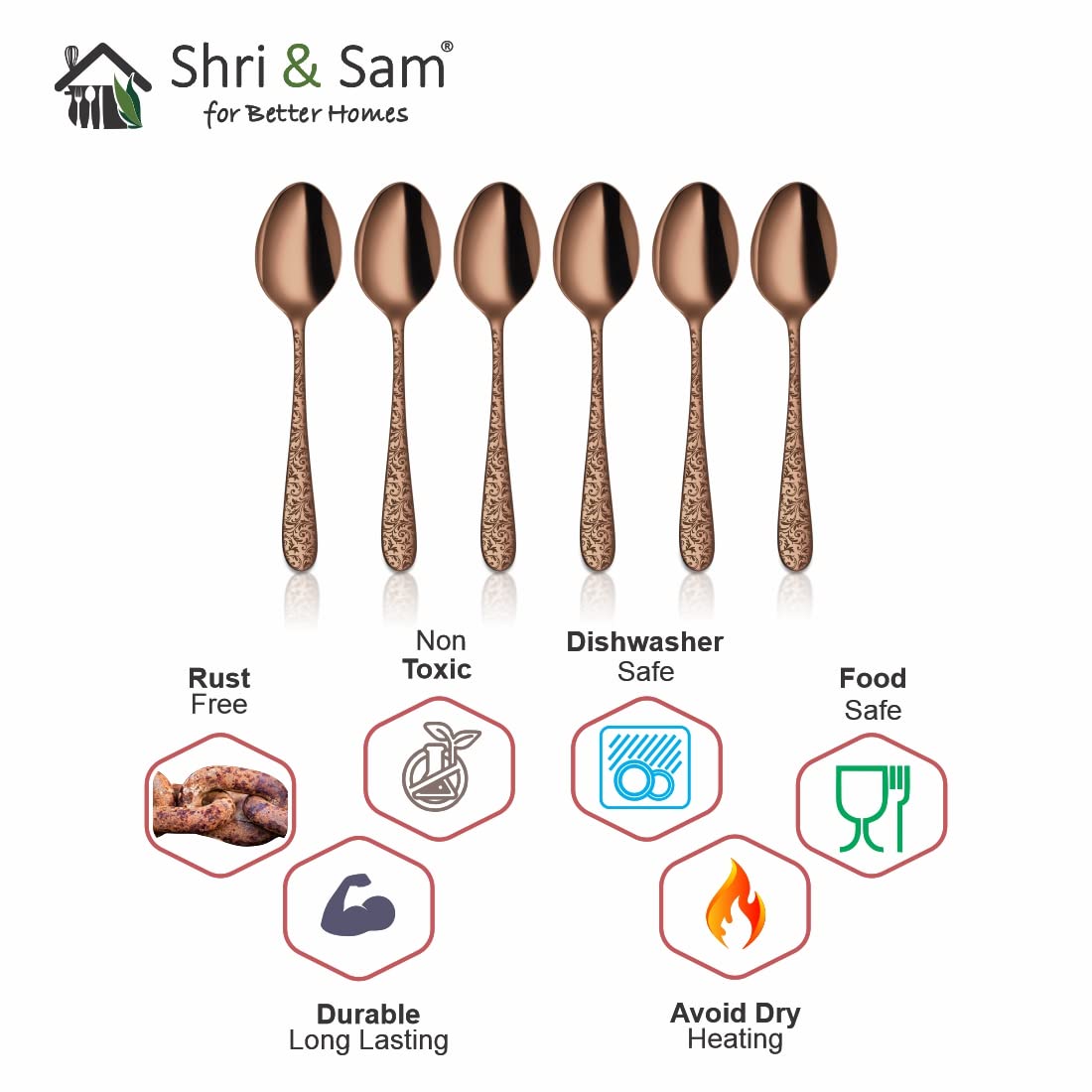 Stainless Steel Jasmine With Rose Gold PVD Coating & Laser Desert Spoon Set Of 6 Pieces | Easy To Clean & Dishwasher Safe Stainless Steel Jasmine With Rose Gold PVD Coating & Laser Desert Spoon Set Of 6 Pieces | Easy To Clean & Dishwasher Safe