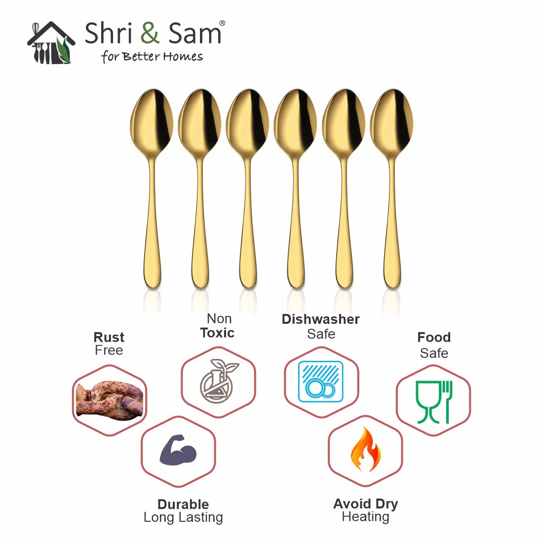 Stainless Steel Jasmine With Gold PVD Coating Baby Spoon Set Of 6 Pieces | Easy To Clean & Dishwasher Safe Stainless Steel Jasmine With Gold PVD Coating Baby Spoon Set Of 6 Pieces | Easy To Clean & Dishwasher Safe