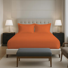 Cotton Elastic Fitted Bedsheets King Size Two Pillow Cover - 74 X 78 Inches, Burnt Orange | Breathable & Smooth Bedding Wrinkles | Elegant Hotel Like Look