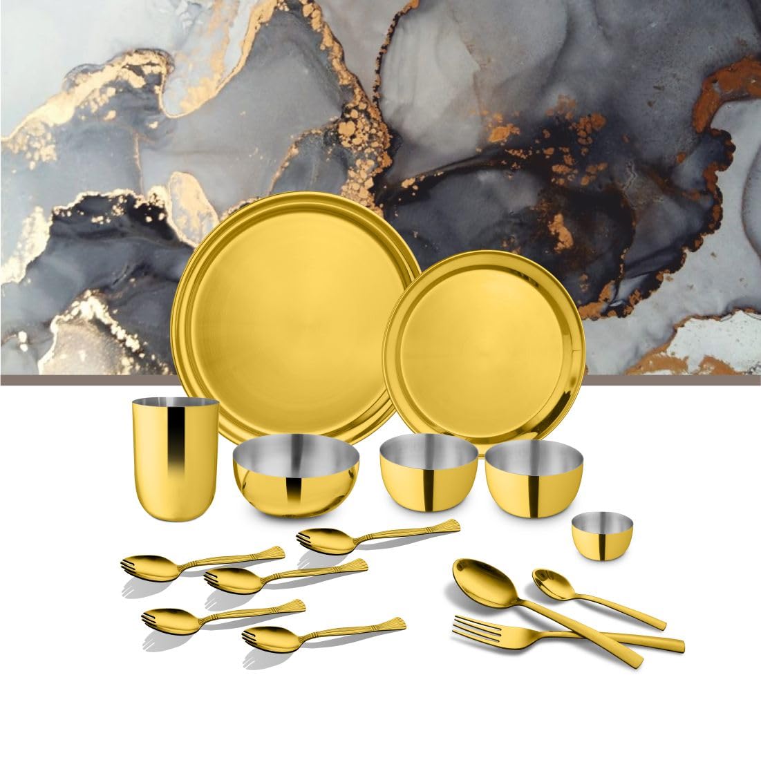 Stainless Steel Majestic Gold Dinner Set With PVD Coating, 15 Pieces | Rust Free, Easy To Clean & Dishwasher Safe Stainless Steel Majestic Gold Dinner Set With PVD Coating, 15 Pieces | Rust Free, Easy To Clean & Dishwasher Safe