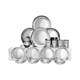 Designer Stainless Steel Delight Laser Bloom Leaf Dinner Set Of 24 Pieces, Silver | 4 Dinner Plates+ 4 Side Plates+ 4 Glasses+ 4 Bowls+ 4 Pudding Bowls+ 4 Dessert Spoons
