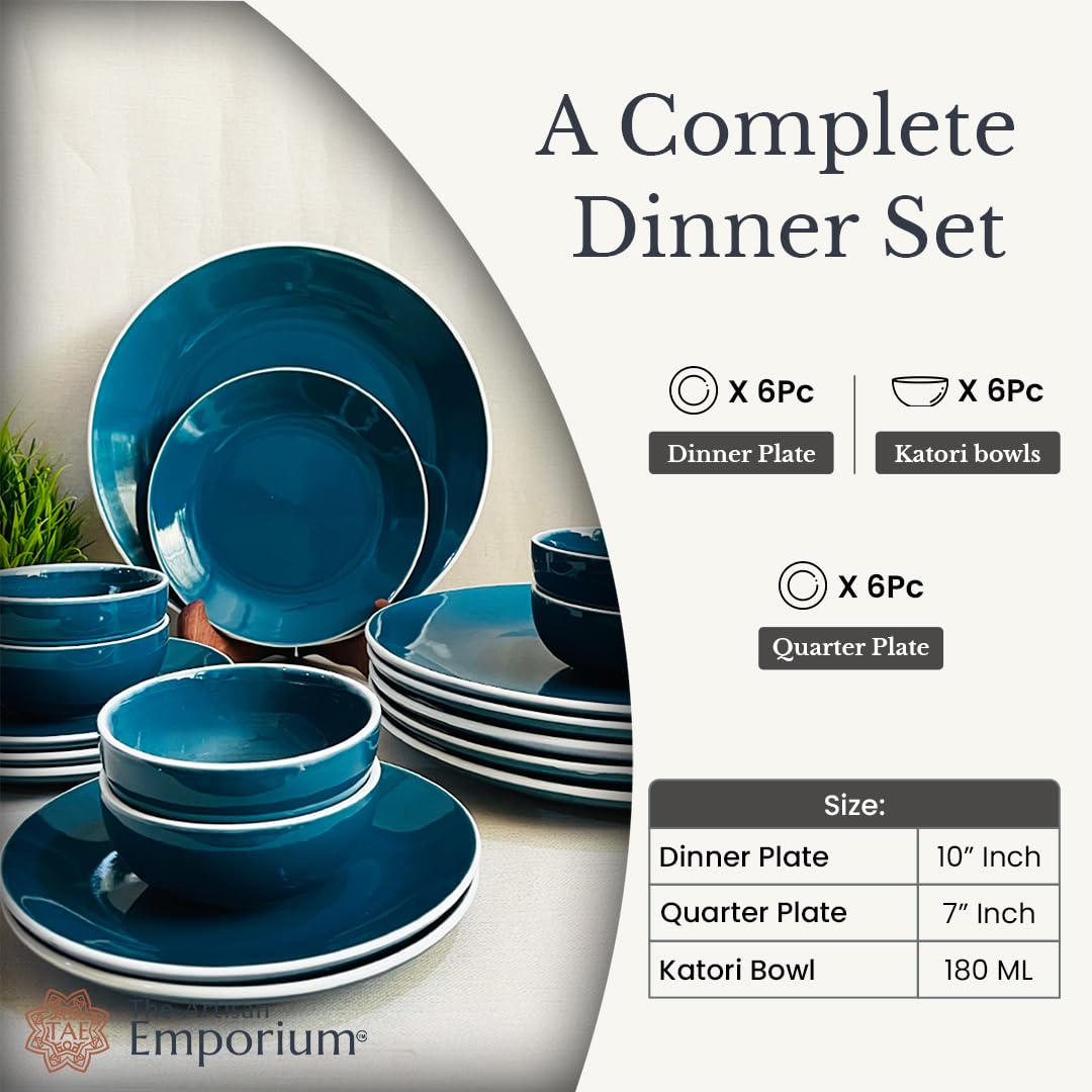 Retro Green Handcrafted Ceramic Dinner Set - 18 Pieces | 6 Dinner Plates + 6 Katori Bowls, 180ml Each+ 6 Quarter Plates Dinnerware Set | Serving For 6, Microwave Safe & Dishwasher Safe Retro Green Handcrafted Ceramic Dinner Set - 18 Pieces | 6 Dinner Plates + 6 Katori Bowls, 180ml Each+ 6 Quarter Plates Dinnerware Set | Serving For 6, Microwave Safe & Dishwasher Safe