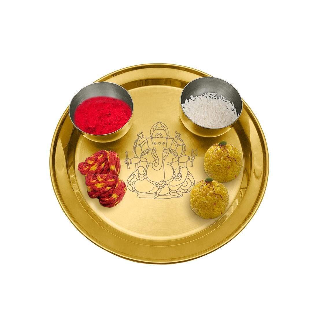 High Grade Stainless Steel Ganesh Pooja Thali Set Gold PVD Coating, 3-Pieces | 1 Pooja Thali+ 2 Bowls
