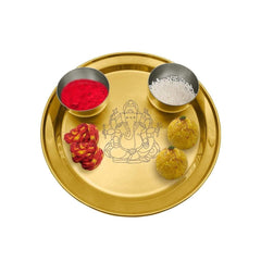 High Grade Stainless Steel Ganesh Pooja Thali Set Gold PVD Coating, 3-Pieces | 1 Pooja Thali+ 2 Bowls