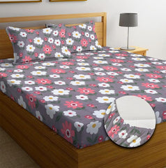 Pure Cotton Full Elastic Fitted Bedsheets For Double King Size Bed With 2 Pillow Covers | 72x78+10 Inches, Multicolor | Super Soft Brushed Glace | Breathable & Wrinkle Free