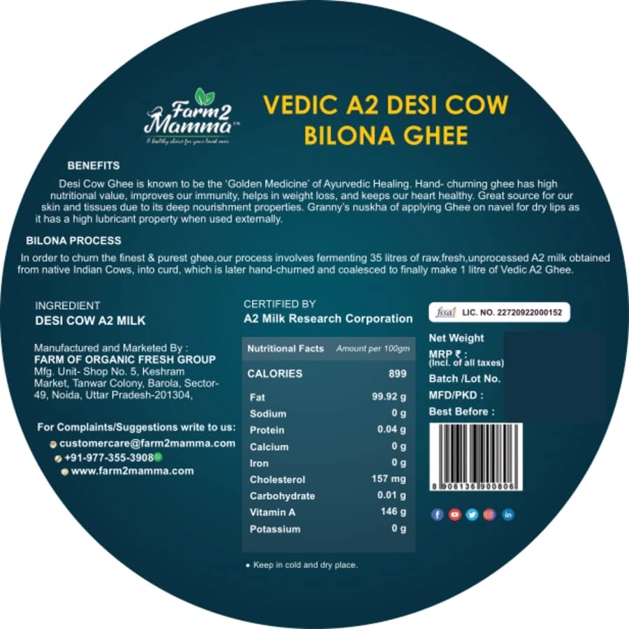 Organic Natural Vedic A2 Desi Cow Bilona Ghee By Farm2mamma | Natural & Healthy Nutrients A2 Grass Fed Cultured Ghee For Weight Loss | (500ml) 16.9 Ounce | Jar Pack Organic Natural Vedic A2 Desi Cow Bilona Ghee By Farm2mamma | Natural & Healthy Nutrients A2 Grass Fed Cultured Ghee For Weight Loss | (500ml) 16.9 Ounce | Jar Pack
