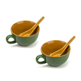 Ceramic Soup Bowl Set With Spoon Set Of 2 - Chrome Green, 350ml Each | 2 Soup Bowls + 2 Soup Spoons - Soup Mug, Soup Cup | Glossy Finish Ceramic Soup Bowls - Microwave Safe & Dishwasher Safe