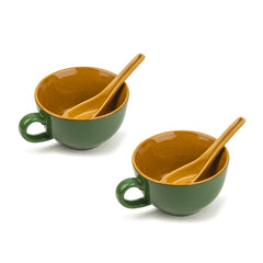 Ceramic Soup Bowl Set With Spoon Set Of 2 - Chrome Green, 350ml Each | Soup Mug - Soup Cup | 2 Soup Bowls + 2 Soup Spoons | Glossy Finish Ceramic Soup Bowls - Microwave Safe Soup Cup Set