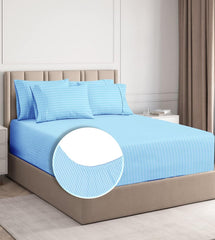 Elastic Fitted Bedsheets With 2 Pillow Covers - Size-78 X72+10 Inches, Sky Blue | King Size Bed With All Around Elastic Super Soft Striped Breathable