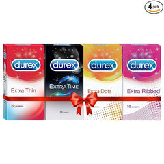 Durex Multi-pack Condoms For Men (Extra Time, Dotted, Ribbed, Extra Time) - 10 Count (Pack Of 4)