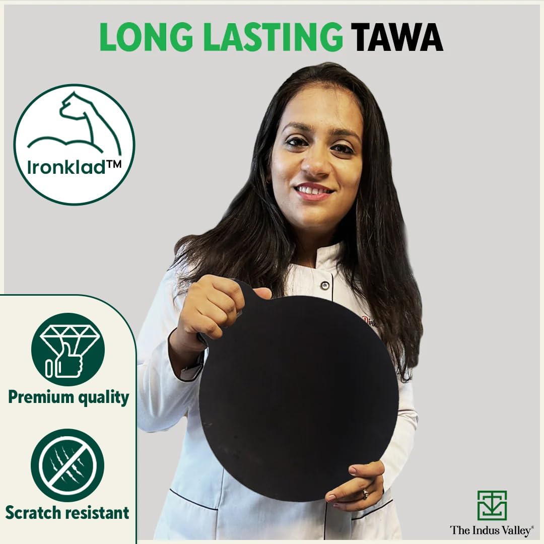 Pre-Seasoned Black Iron Tawa With Wooden Spatula & Flip For Dosa, Chapathi - 28cm, 11 Inch, 1.5 Kg | Gas Compatible, 100% Pure & Toxin-Free, No Chemical Coating Pre-Seasoned Black Iron Tawa With Wooden Spatula & Flip For Dosa, Chapathi - 28cm, 11 Inch, 1.5 Kg | Gas Compatible, 100% Pure & Toxin-Free, No Chemical Coating