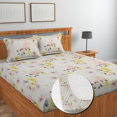 Pure Cotton Full Elastic Fitted Bedsheets For Double King Size Bed With 2 Pillow Covers | 72x78+10 Inches, White & Pink | Super Soft Brushed Glace | Breathable & Wrinkle Free