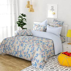 Double Floral Bedsheet With 2 Matching Pillow Covers | 88 X 90 Inches, Beige & Blue - Soft Brushed Microfiber & Breathable & Wrinkle Free