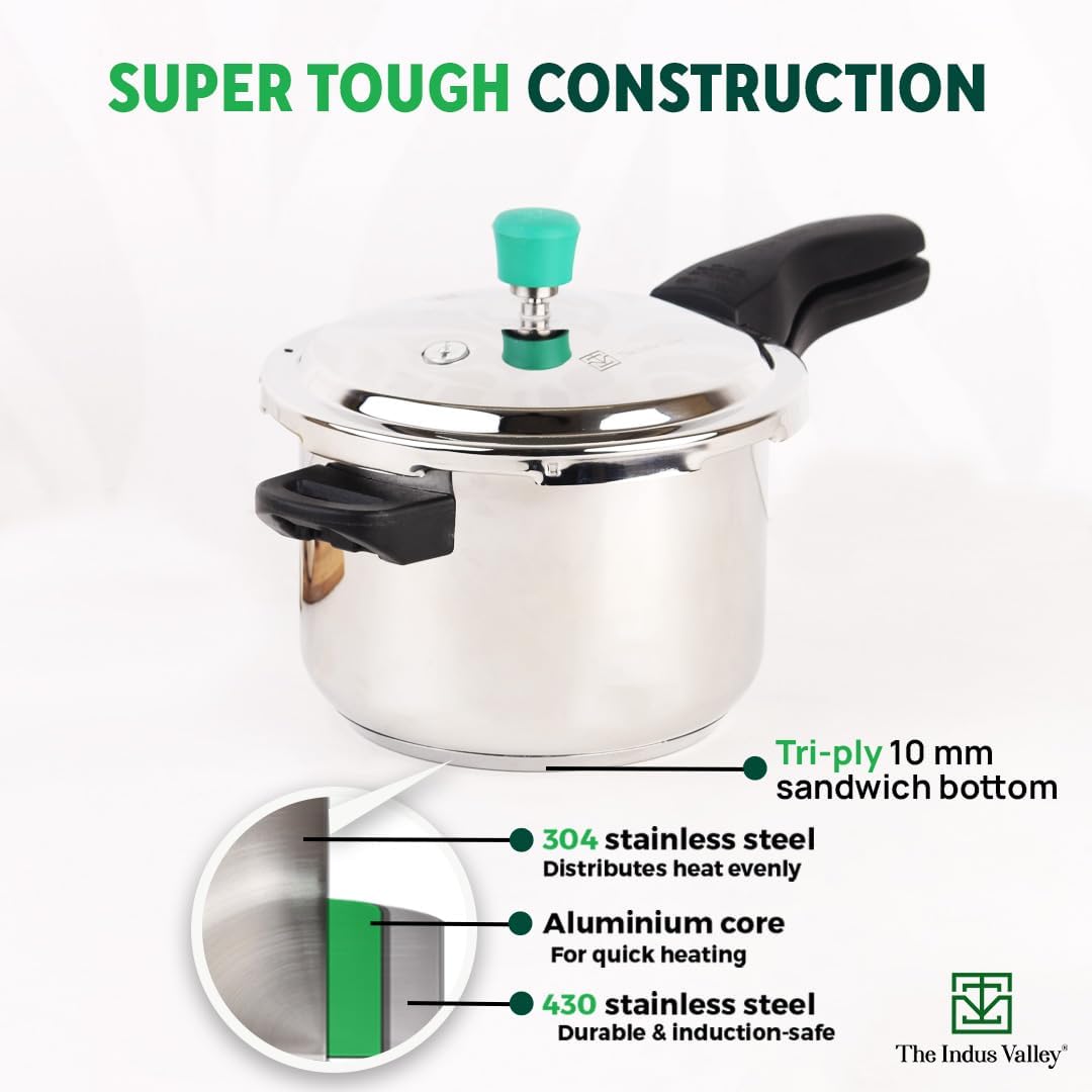 Stainless Steel Pressure Cooker Outer Lid Combo + Free Wooden Chopping Board - 3 Liters + 4.5 Liters | Induction Friendly, Tri-Ply Sandwich Bottom, 100% Toxin-Free, Naturally Non-Stick Stainless Steel Pressure Cooker Outer Lid Combo + Free Wooden Chopping Board - 3 Liters + 4.5 Liters | Induction Friendly, Tri-Ply Sandwich Bottom, 100% Toxin-Free, Naturally Non-Stick
