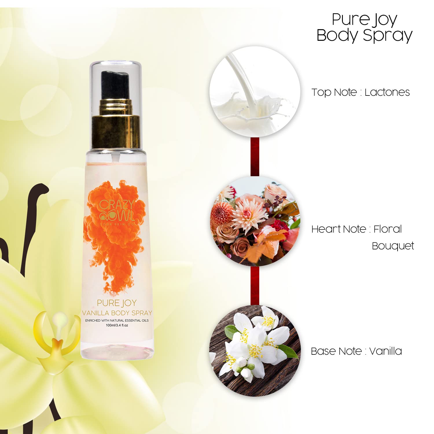 Crazy Owl Pure Joy Vanilla Body Spray 100ml 3.4 Fl.oz. Strong, Long Lasting, Floral Fragrance With Essential Oils | For Unisex | Perfect For Daily Use Crazy Owl Pure Joy Vanilla Body Spray 100ml 3.4 Fl.oz. Strong, Long Lasting, Floral Fragrance With Essential Oils | For Unisex | Perfect For Daily Use