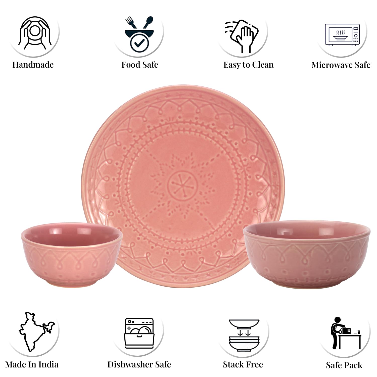 Handcrafted Stoneware Embossed Ceramic Dinner Set Of 20 Pcs With Serving Bowl Set - Light Pink | 6 Dinner Plates+ 12 Small Dinner Bowls, 180ml Each+ 2 Serving Bowl, 1000ml Each | Serving For 6 Handcrafted Stoneware Embossed Ceramic Dinner Set Of 20 Pcs With Serving Bowl Set - Light Pink | 6 Dinner Plates+ 12 Small Dinner Bowls, 180ml Each+ 2 Serving Bowl, 1000ml Each | Serving For 6