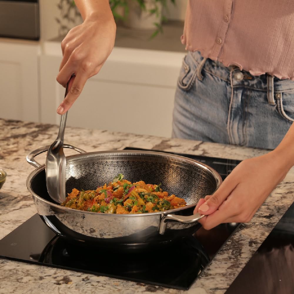 Stellar Stainless Steel Triply Kadhai With Lid - 24 Cm, 2.7 Liters | Etched Nonstick PTFE Kadai - Rivet Less Double Handles | Gas & Induction Base Stellar Stainless Steel Triply Kadhai With Lid - 24 Cm, 2.7 Liters | Etched Nonstick PTFE Kadai - Rivet Less Double Handles | Gas & Induction Base
