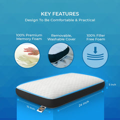 Orthopedic Memory Foam Pillow For Comfortable Sleep, White - 24 X 15 X 5 Inch | For Neck & Shoulder Pain Relief With Removable Zipper White Jacquard Cover | Back, Stomach Sleepers - Pack Of 1