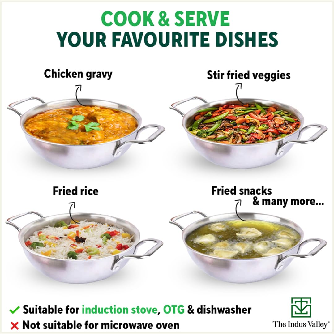 Triply Stainless Steel Kadai With Glass Lid For 5-6 People - Large 26cm, 10.2 Inch, 3.5 Liters, 1.3 Kg | Induction Friendly, Nonstick 3-Layer Body, 100% Pure & Toxin-Free Triply Stainless Steel Kadai With Glass Lid For 5-6 People - Large 26cm, 10.2 Inch, 3.5 Liters, 1.3 Kg | Induction Friendly, Nonstick 3-Layer Body, 100% Pure & Toxin-Free