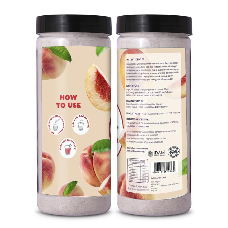 Bevzilla Peach Passion Instant Iced Tea Mix - 400gm, 14.1 Ounce | Quick Ready In 30 Seconds - Perfect Refreshing Summer Drink | Easy To Carry Anywhere - Low Caffeine Bevzilla Peach Passion Instant Iced Tea Mix - 400gm, 14.1 Ounce | Quick Ready In 30 Seconds - Perfect Refreshing Summer Drink | Easy To Carry Anywhere - Low Caffeine