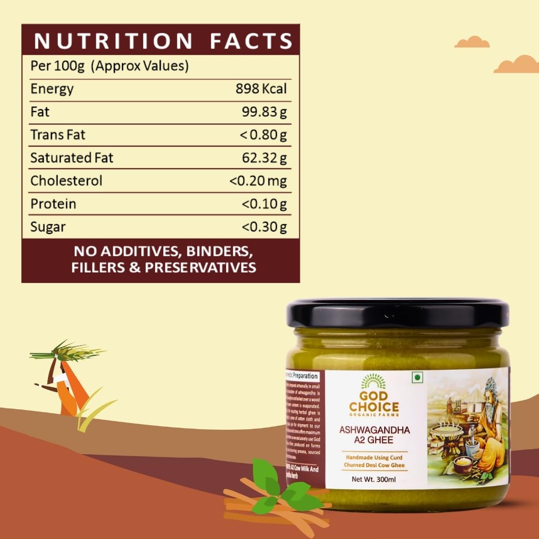 Organic Ashwagandha A2 Desi Cow Ghee By God Choice Organic Farms | Herbal Desi Cow Ghee from Bilona Method Healthy Desi Ghee For Improves Digestion | (300ml) 10.1 Ounce | Jar Pack Organic Ashwagandha A2 Desi Cow Ghee By God Choice Organic Farms | Herbal Desi Cow Ghee from Bilona Method Healthy Desi Ghee For Improves Digestion | (300ml) 10.1 Ounce | Jar Pack