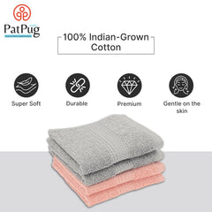 Patpug 100% Indian Ultra Soft Cotton Face Towel 500 Gsm | Napkin, Baby Face Towel, For Facewash, Gym, Travel, Hanky (Silver Grey & Baby Pink) | Pack Of 4