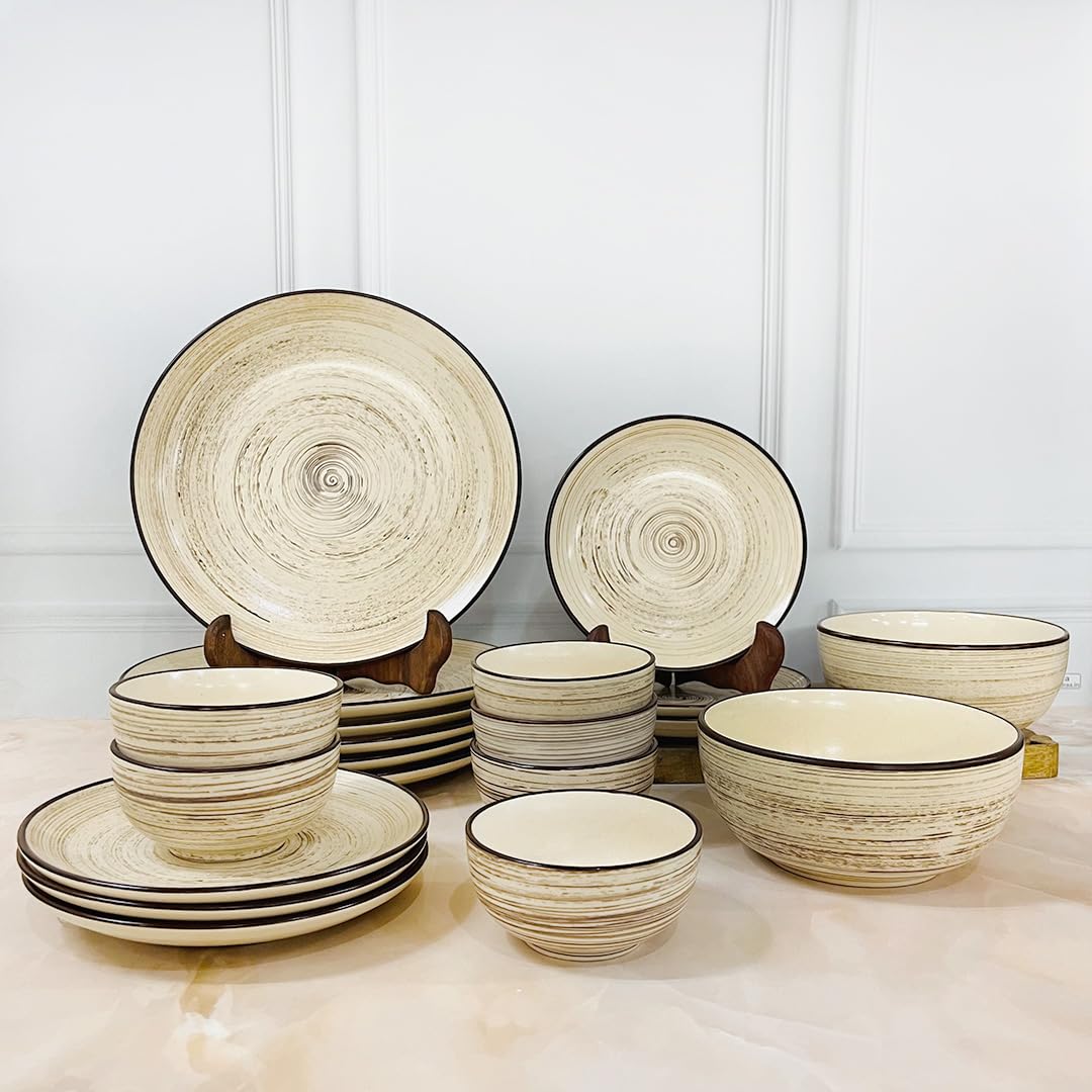Iris Beige Hand Painted Ceramic Dinner Set Of 20 Pieces With Serving Bowls | 6 Dinner Plates + 6 Side Plates+ 6 Katori Bowls, 180ml Each + 2 Serving Bowls, 700ml Each | Serving For 6