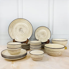 Iris Beige Hand Painted Ceramic Dinner Set Of 20 Pieces With Serving Bowls | 6 Dinner Plates + 6 Side Plates+ 6 Katori Bowls, 180ml Each + 2 Serving Bowls, 700ml Each | Serving For 6