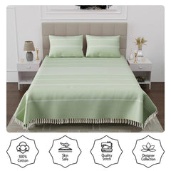 100% Cotton Double Bedsheet With Two Pillow Cover - Queen Size 90 X 100 Inches, Light Green | Handloom Cotton Bedsheets For Double Bed | All Season Comfort