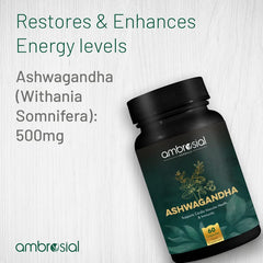 Ambrosial Ashwagandha 500mg Herbal Supplement 100% Natural & Vegan High Strength, Immunity Support, Improves Blood Flow & Reduces Cortisol Levels | 60 Capsules 100gm 0.2lbs