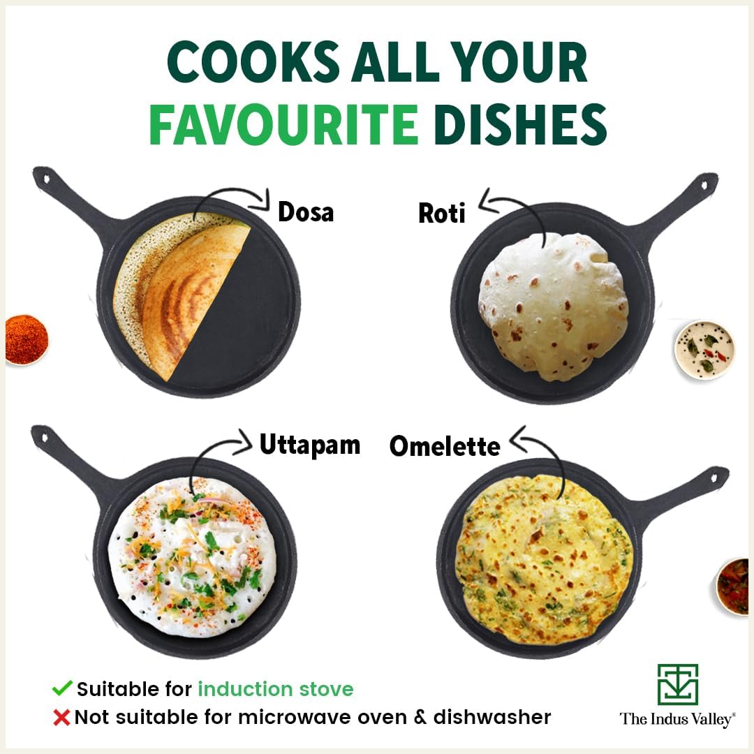 Pre-Seasoned Black Cast Iron Tawa With Free Wooden Spatula For Dosa, Chapathi - 25.7cm, 10.3 Inch, 2 Kg | Induction Friendly, Naturally Nonstick, 100% Pure & Toxin-Free, No Chemical Coating Pre-Seasoned Black Cast Iron Tawa With Free Wooden Spatula For Dosa, Chapathi - 25.7cm, 10.3 Inch, 2 Kg | Induction Friendly, Naturally Nonstick, 100% Pure & Toxin-Free, No Chemical Coating