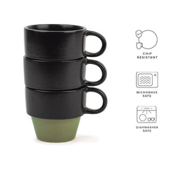 Ceramic Stackable Tea Cup Set Of 6 - Black Olive, 200ml Each | Cup Set Of 6 For Tea - Matte Finish Tea Cup Set | Premium Stoneware Ceramic Cup