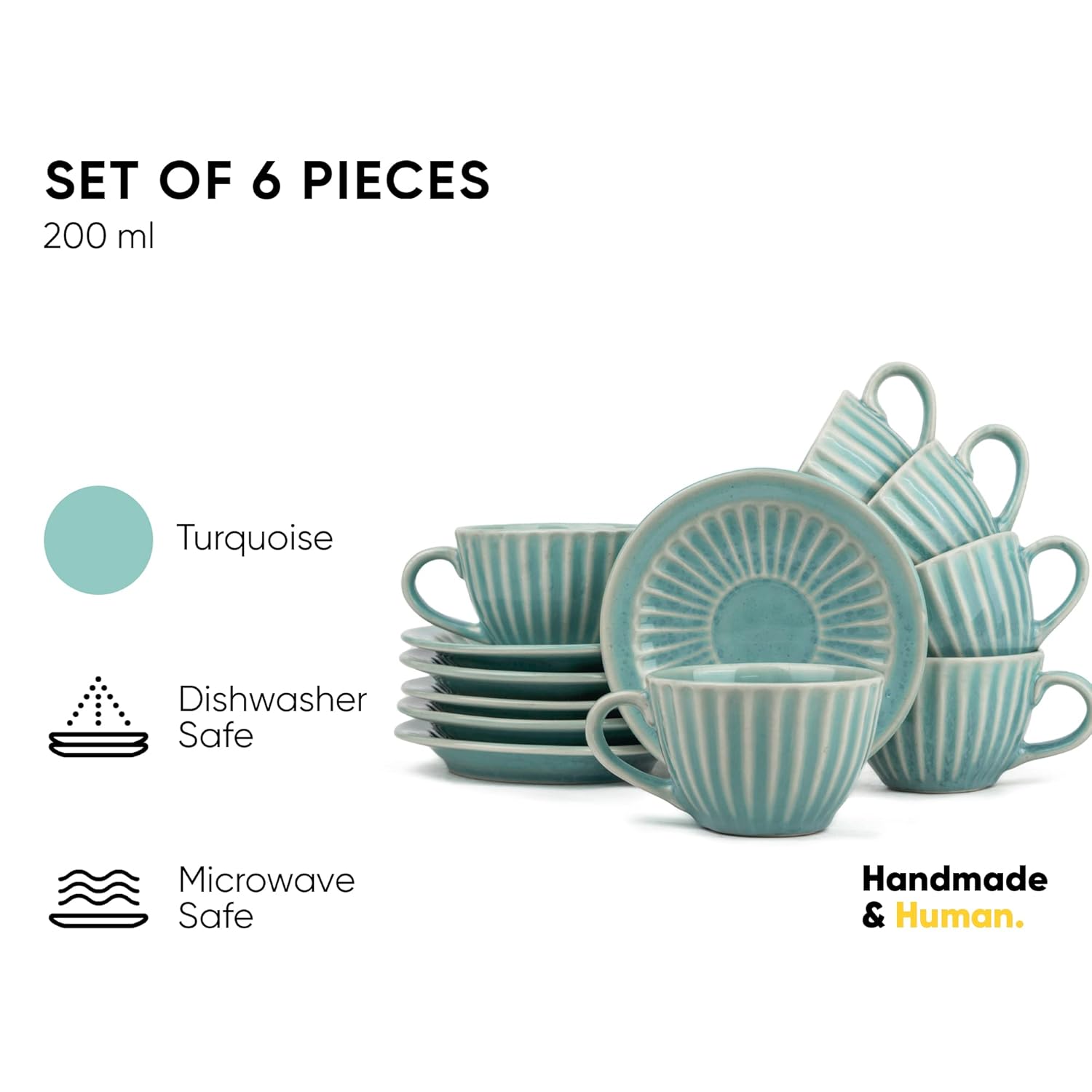 Ceramic Cup & Saucer Set Of 6 - Turquoise, 200ml Each | 6 Cups + 6 Saucers - Premium Stoneware Tea Set With Glossy Finish | Ceramic Tea Cup & Saucer Set - Microwave Safe & Dishwasher Safe Ceramic Cup & Saucer Set Of 6 - Turquoise, 200ml Each | 6 Cups + 6 Saucers - Premium Stoneware Tea Set With Glossy Finish | Ceramic Tea Cup & Saucer Set - Microwave Safe & Dishwasher Safe