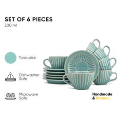 Ceramic Cup & Saucer Set Of 6 - Turquoise, 200ml Each | 6 Cups + 6 Saucers - Premium Stoneware Tea Set With Glossy Finish | Ceramic Tea Cup & Saucer Set - Microwave Safe & Dishwasher Safe