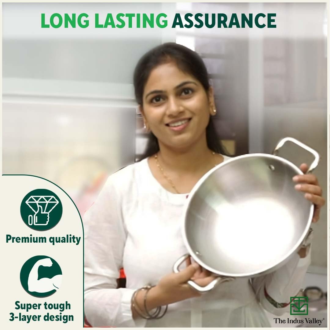 Triply Stainless Steel Deep Kadai With Glass Lid - 22.2cm, 8.7 Inch, 1.5 Liters, 1.38 Kg | Induction Friendly, Nonstick 3-Layer Body, 100% Pure & Toxin-Free, Silver Triply Stainless Steel Deep Kadai With Glass Lid - 22.2cm, 8.7 Inch, 1.5 Liters, 1.38 Kg | Induction Friendly, Nonstick 3-Layer Body, 100% Pure & Toxin-Free, Silver