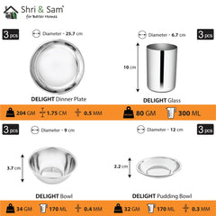Stainless Steel Delight Solid Dinner Set Of 18 Pieces, Silver | 3 Dinner Plates+ 3 Glasses+ 3 Bowls+ 3 Pudding Bowls+ 3 Dessert Spoons+ 3 Dessert Forks - Easy To Clean & Dishwasher-Safe