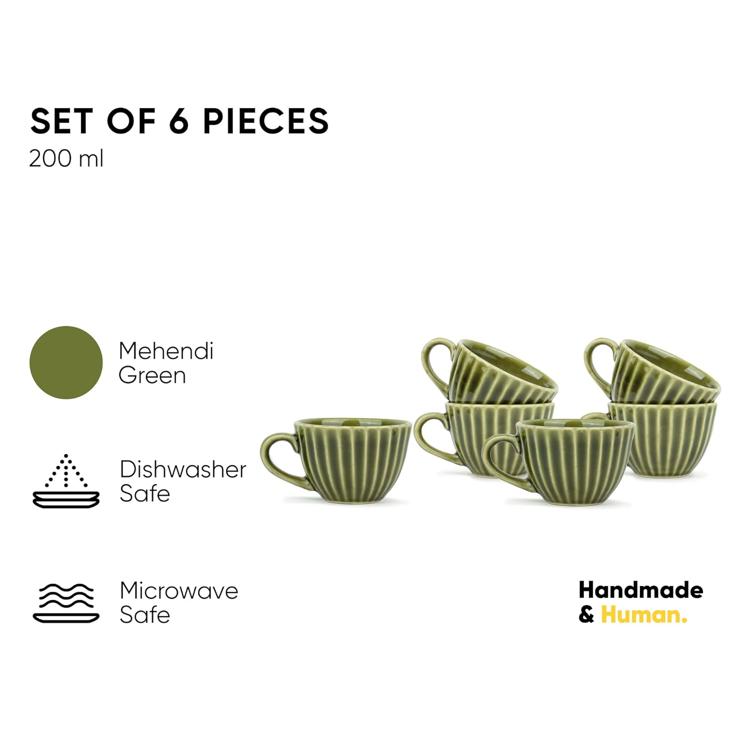 Ceramic Tea Cup Set Of 6 - Mehndi Green, 200ml Each | 6 Tea Cups With Glossy Finish - Premium Stoneware Tea Set | Ceramic Tea Cup Set - Tea Cups Only | Microwave Safe & Dishwasher Safe Ceramic Tea Cup Set Of 6 - Mehndi Green, 200ml Each | 6 Tea Cups With Glossy Finish - Premium Stoneware Tea Set | Ceramic Tea Cup Set - Tea Cups Only | Microwave Safe & Dishwasher Safe