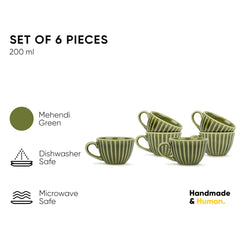 Ceramic Tea Cup Set Of 6 - Mehndi Green, 200ml Each | 6 Tea Cups With Glossy Finish - Premium Stoneware Tea Set | Ceramic Tea Cup Set - Tea Cups Only | Microwave Safe & Dishwasher Safe
