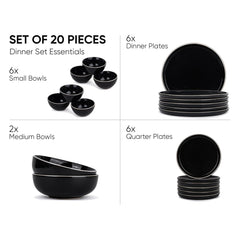 Ceramic Dinner Set Of 20 Pcs, Black Rim | Crockery Set For Dining Table - Glossy Finish Premium Stoneware | 6 Dinner Plates + 6 Quarter Plates+ 6 Veg Bowls, 180ml Each+ 2 Medium Bowls, 800ml Each