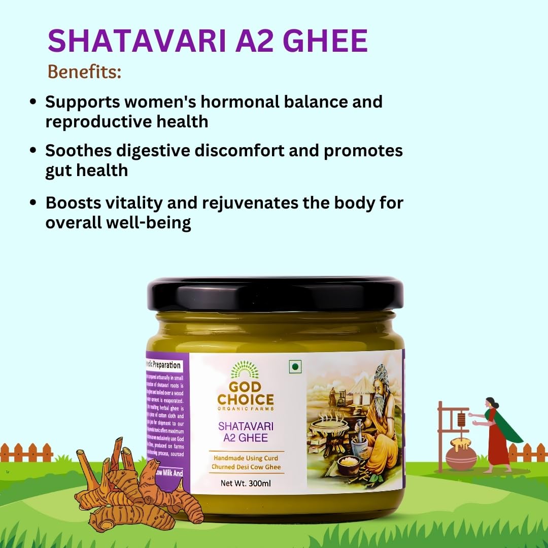 Premium Shatavari A2 Desi Cow Ghee By God Choice Organic Farms | High In Protein Fiber Healthy Desi Ghee For Bakes Cookies | (300ml) 10.1 Ounce | Jar Pack Premium Shatavari A2 Desi Cow Ghee By God Choice Organic Farms | High In Protein Fiber Healthy Desi Ghee For Bakes Cookies | (300ml) 10.1 Ounce | Jar Pack