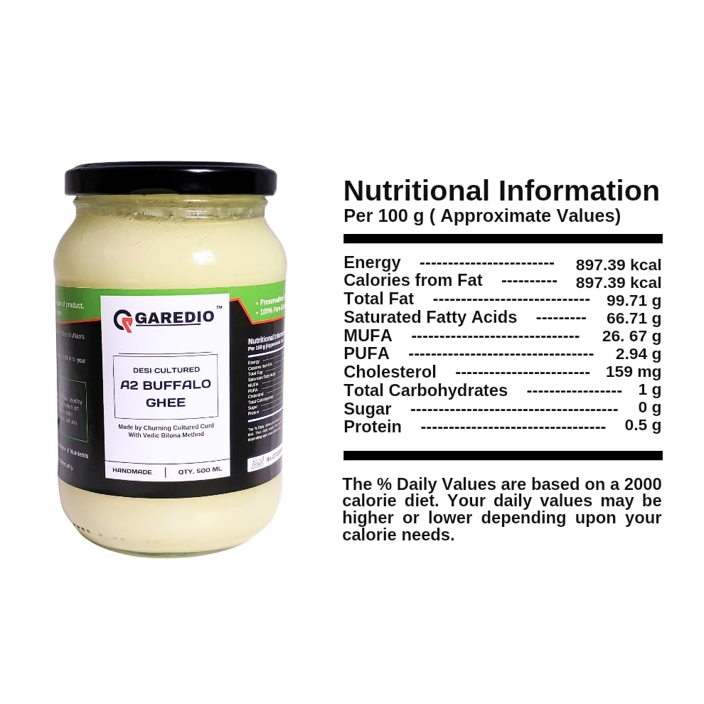 Pure A2 Buffalo Ghee By Garedio | Traditional Vedic Bilona Method Desi Cultured Ghee Good For Dishes | (500ml) 16.9 Ounce | Jar Pack Pure A2 Buffalo Ghee By Garedio | Traditional Vedic Bilona Method Desi Cultured Ghee Good For Dishes | (500ml) 16.9 Ounce | Jar Pack