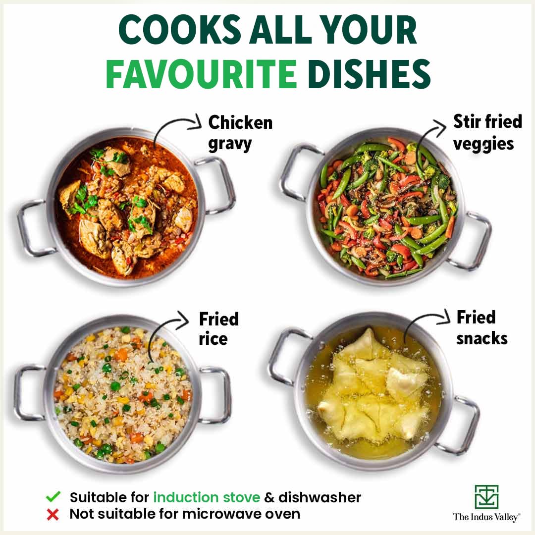 Triply Stainless Steel Cookware Set + Free Wooden Chopping Board | Kadai 23 Cm, 2.7 Liters + Fry Pan 25.4 Cm, 1.7 Liters - Kitchen Cooking Combo Pots & Pans Set Of 3 Pcs | Naturally Nonstick Triply Stainless Steel Cookware Set + Free Wooden Chopping Board | Kadai 23 Cm, 2.7 Liters + Fry Pan 25.4 Cm, 1.7 Liters - Kitchen Cooking Combo Pots & Pans Set Of 3 Pcs | Naturally Nonstick