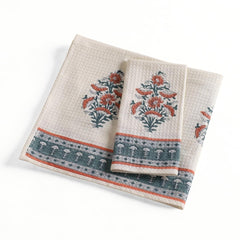 Peepul Tree 100% Pure Cotton Block Printed Hand & Bath Towels 240 Gsm | Super Absorbent, Soft & Faster Drying, Floral Printed (Peach & Teal)