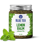 Blue Tea Lemon Balm Herbal Tea - 50gm Reusable Pet Jar, 1.7 Ounce, 50+ Cups | Relieves Stress, Reduces Bloating, Improves Digestion - Caffeine Free, Non-GMO