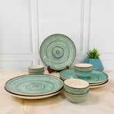 Iris Turquoise Handcrafted Ceramic Dinner Set - 12 Pieces | 6 Dinner Plates + 6 Katori Bowls, 180ml Each Dinnerware Set | Serving For 6, Microwave Safe & Dishwasher Safe