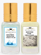 Menjewell Aqua Fresh Blue + White Oudh Attar Perfume 5ml 0.17 Fl.oz. Each Pack Of 2 Long Lasting | Alcohol Free | Unisex Fragrance